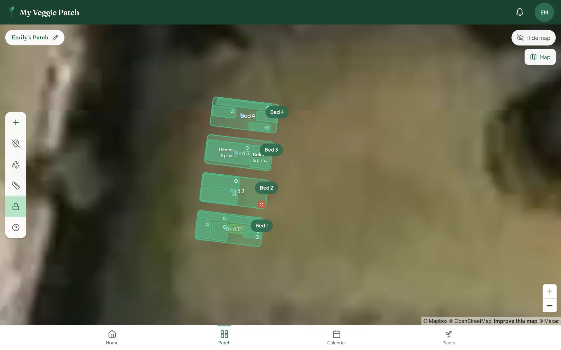 My Veggie Patch satellite view showing garden beds drawn over a backyard